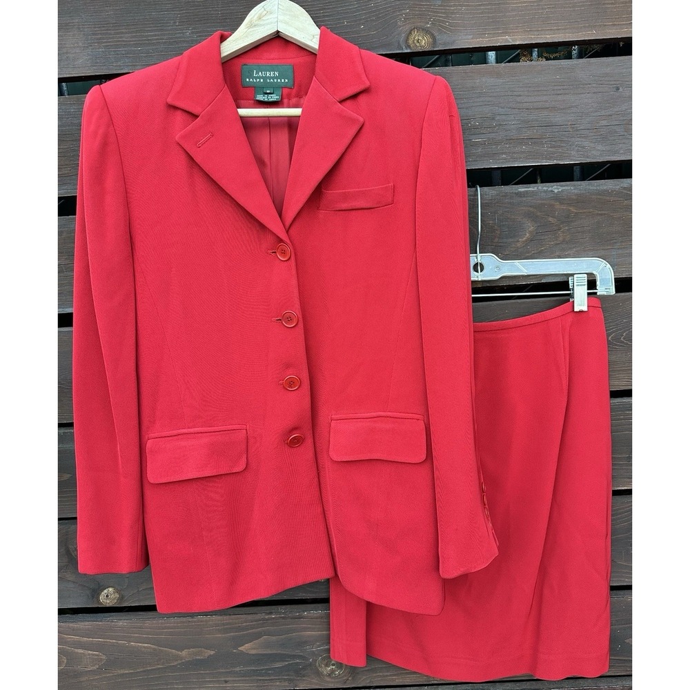 Vtg Lauren Ralph Lauren Women's Bright Red Silky 2 Piece Skirt,Blazer Size 8